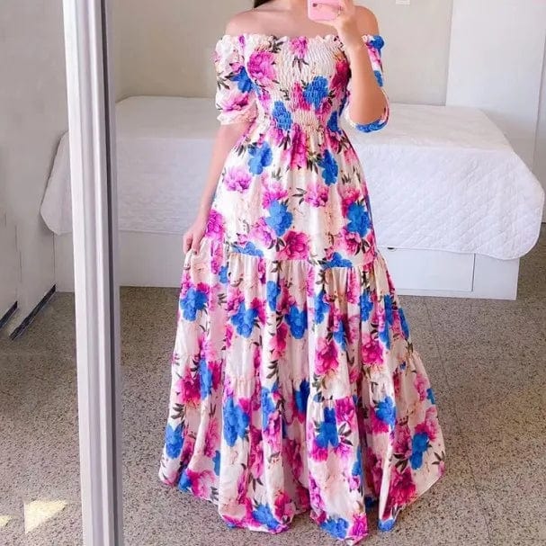 L / Color 7 New Spring Summer Clothes Female Elegant Fashion Design Sense Off Shoulder Print Long Dress 2024