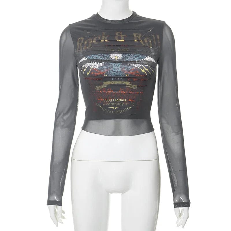 L / Dark grey / Spandex / Polyester 2024 Spring New Vintage Long Sleeve Top See-through Graphic Tees O-Neck Slim Crop Top