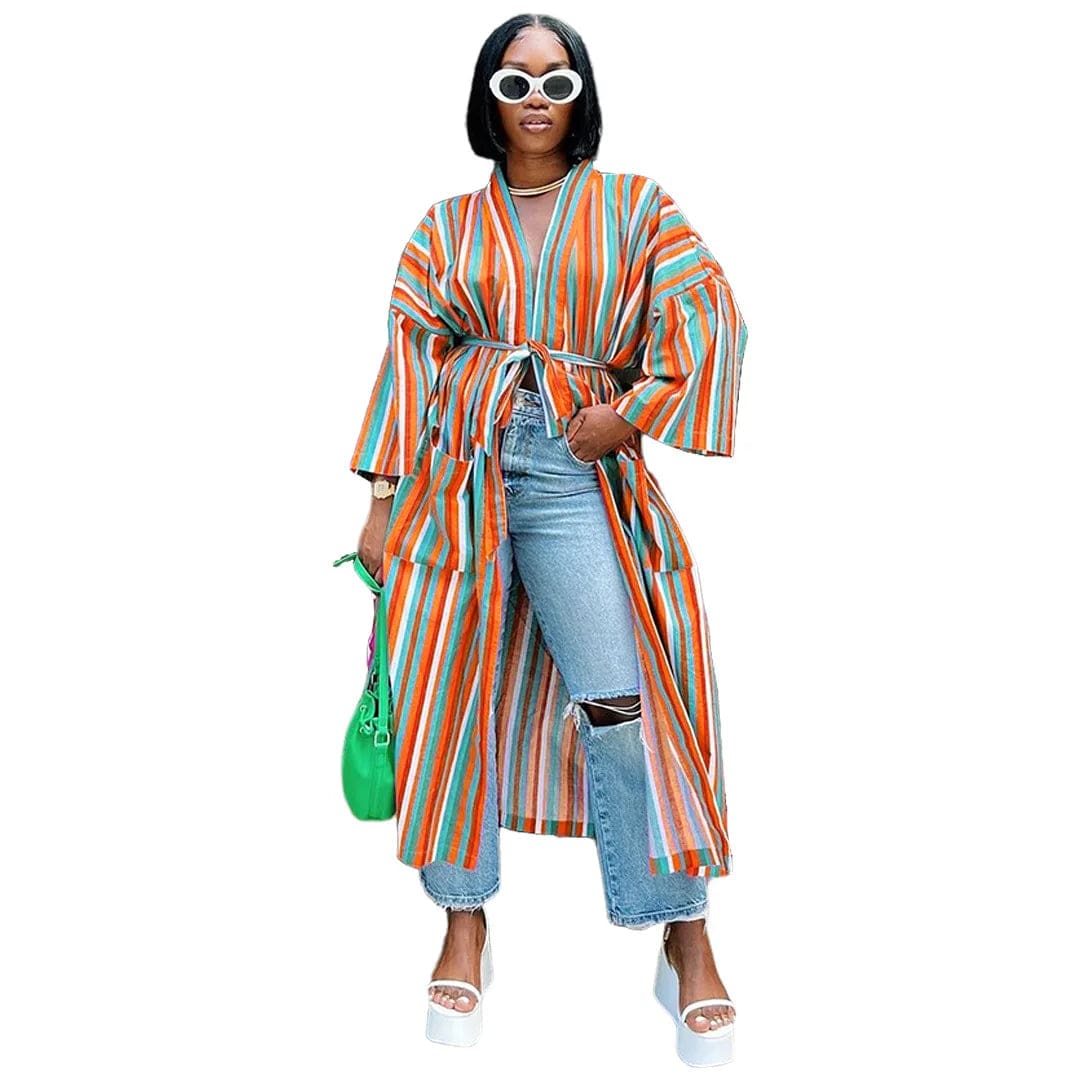 L / Orange OUDINA Hot Sale Fashion Striped Slit Pockets Loose Coat Long Cardigan Women Cardigans