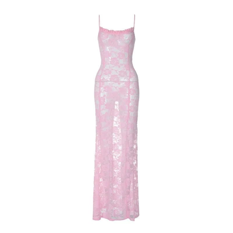 L / Pink New Spring Arrival Sexy Lace Party Dress See Through Bodycon Women Slim Maxi Elegant Dress