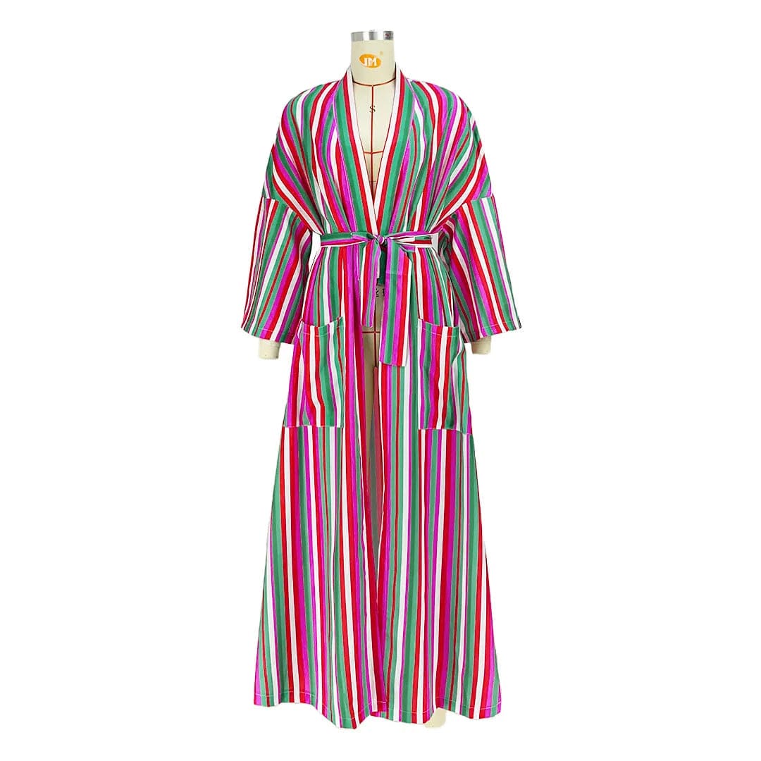 L / Pink OUDINA Hot Sale Fashion Striped Slit Pockets Loose Coat Long Cardigan Women Cardigans