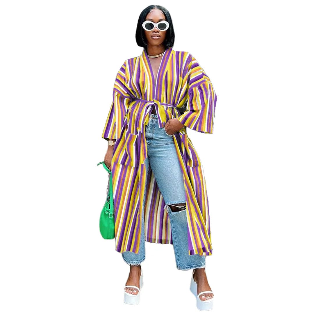 L / Purple OUDINA Hot Sale Fashion Striped Slit Pockets Loose Coat Long Cardigan Women Cardigans