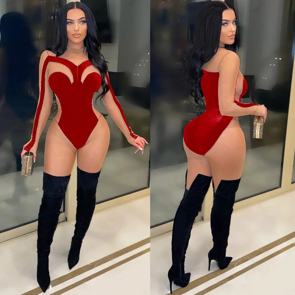 L / Red One Piece See Through Luxury Jumpsuits Women Sexy Sheer Mesh Velvet Body Shaped Bodycon New Spring Lady Woman Outfit Jumpsuit