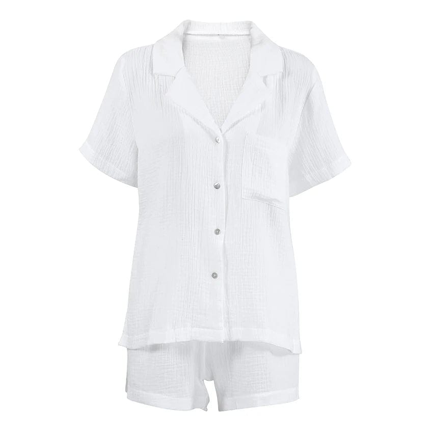 L / White OOTN Pocket White Button Up Tops Cotton Suits With Shorts Female Short Sleeves Set Woman 2 Pieces V-Neck Women Suits Spring