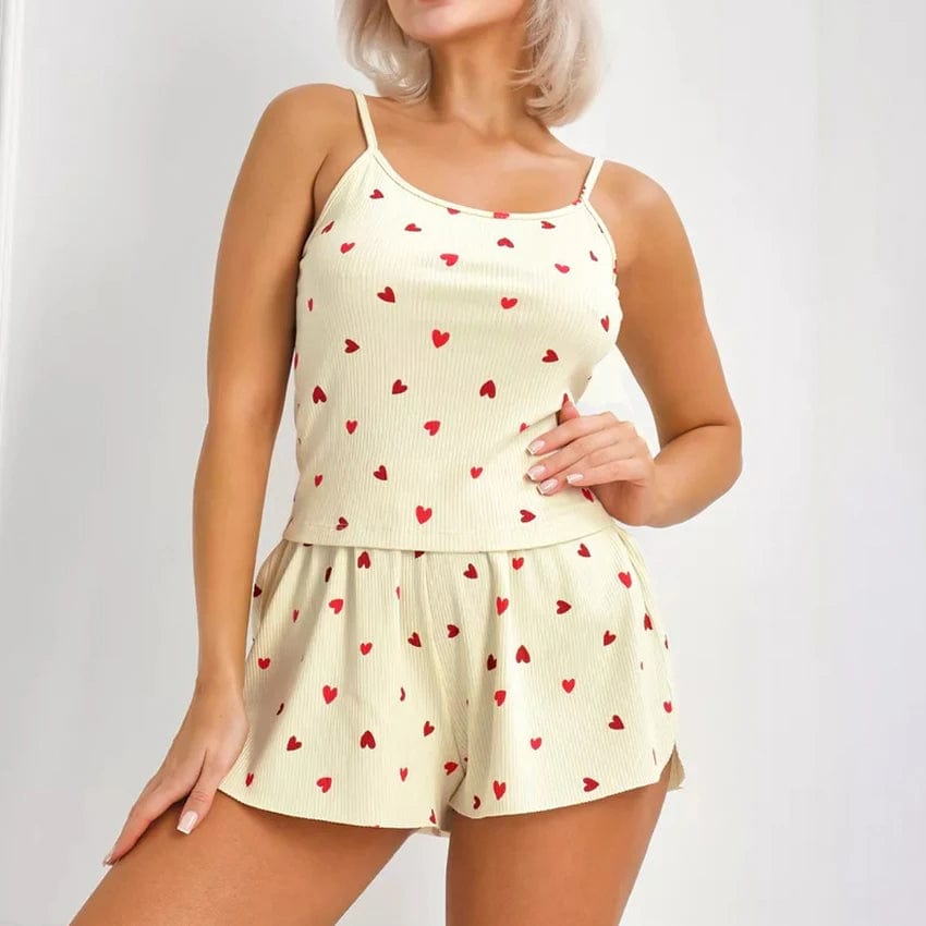 L / Yellow OOTN Sleeveless Heart Print Sleepwear Women Pajama Crop Tops Love Pattern Lougerwear High Waist Shorts Female Set 2024