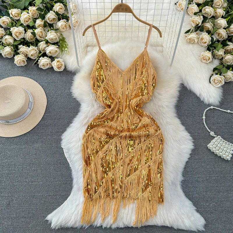 Latin Dance Dress Women Sequined Tassel V-neck Bodycon Mini Party Dresses Solid Color Luxury French Clubwear Straps Dress