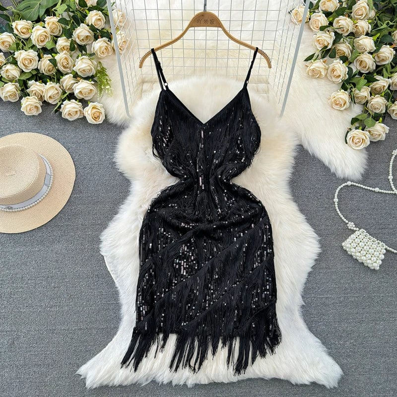 Latin Dance Dress Women Sequined Tassel V-neck Bodycon Mini Party Dresses Solid Color Luxury French Clubwear Straps Dress