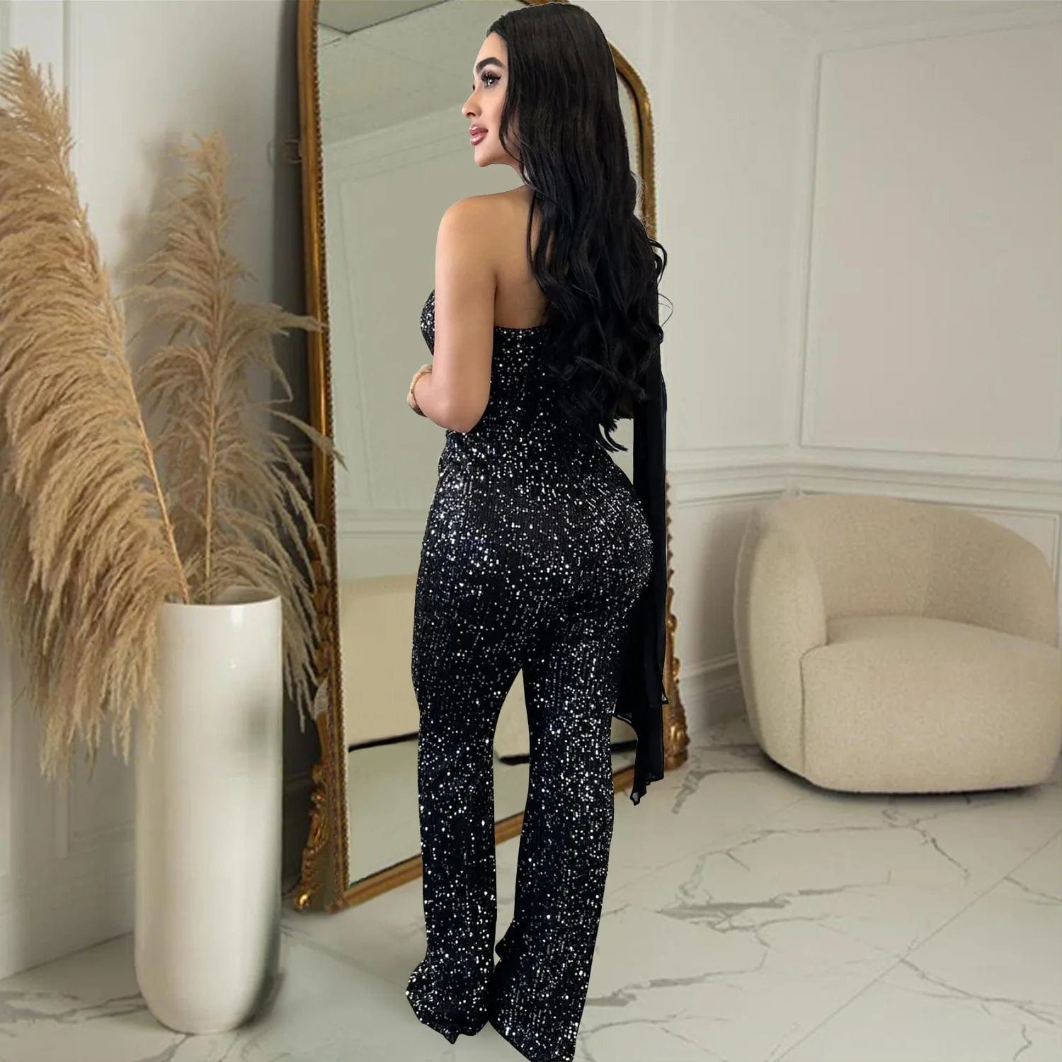 Liu Ming New Products 2024 Women Elegant One Shoulder Skinny Pants Luxury Sparkly Evening Party Sequin Jumpsuit