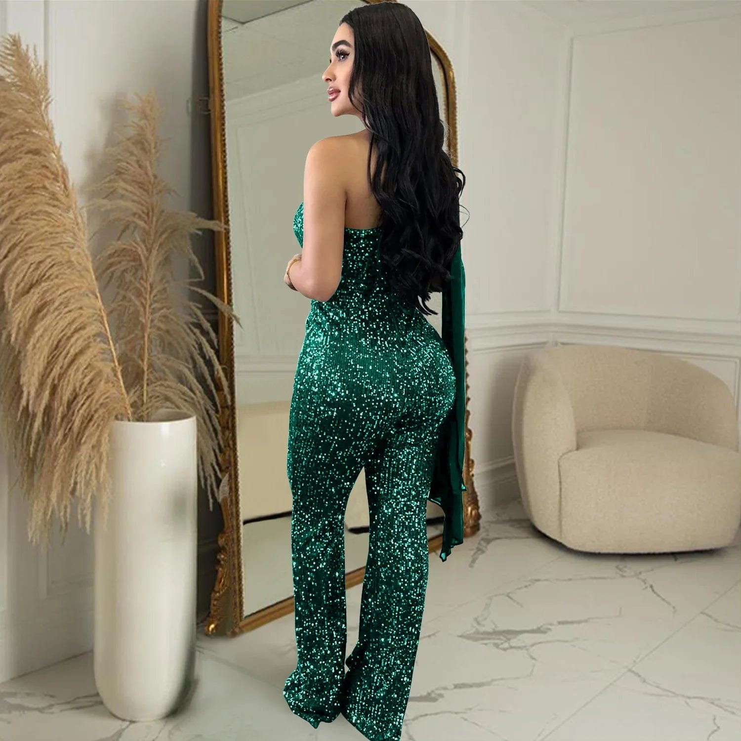 Liu Ming New Products 2024 Women Elegant One Shoulder Skinny Pants Luxury Sparkly Evening Party Sequin Jumpsuit