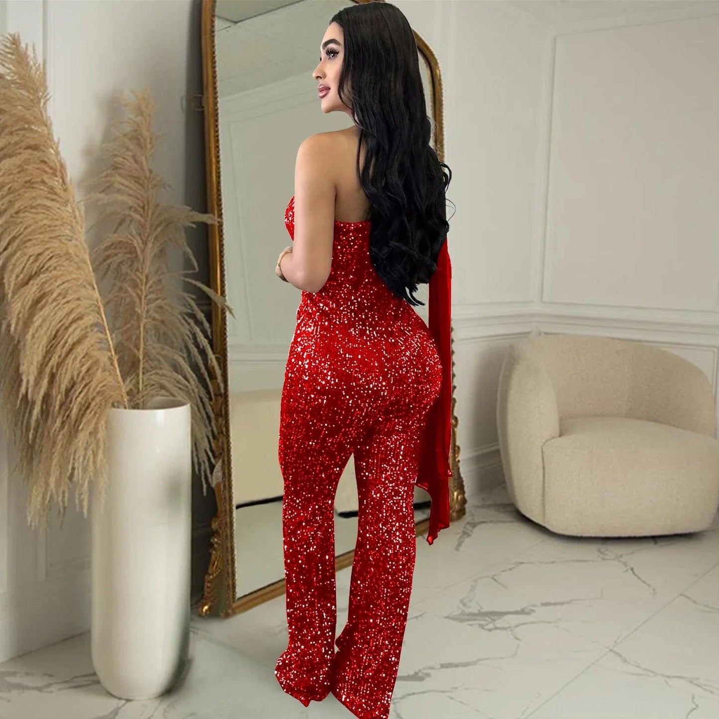 Liu Ming New Products 2024 Women Elegant One Shoulder Skinny Pants Luxury Sparkly Evening Party Sequin Jumpsuit