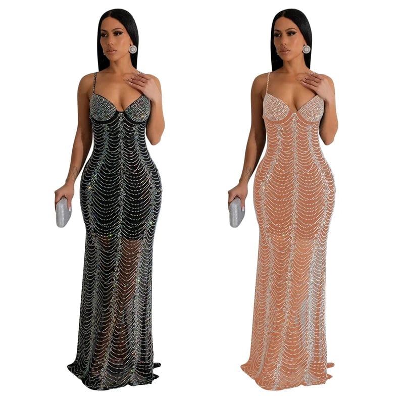 luxury spaghetti strap mesh elegant rhinestone beaded long evening slow sleeveless dress woman 2024 party maxi ball gown dress