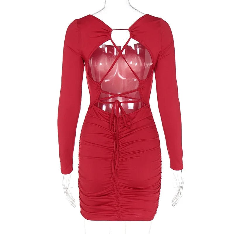 Lygens 5544 Square  Collar Solid Bodycon Long Sleeve Backless Ruched Mini Dresses 2024 Y2K Streetwear Summer Casual Clothes