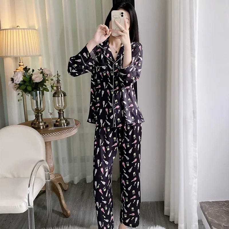 M / Black 2024 spring new women's silk pajamas long sleeve pants night suit lovely print ladies home wear casual plus size sleepwear