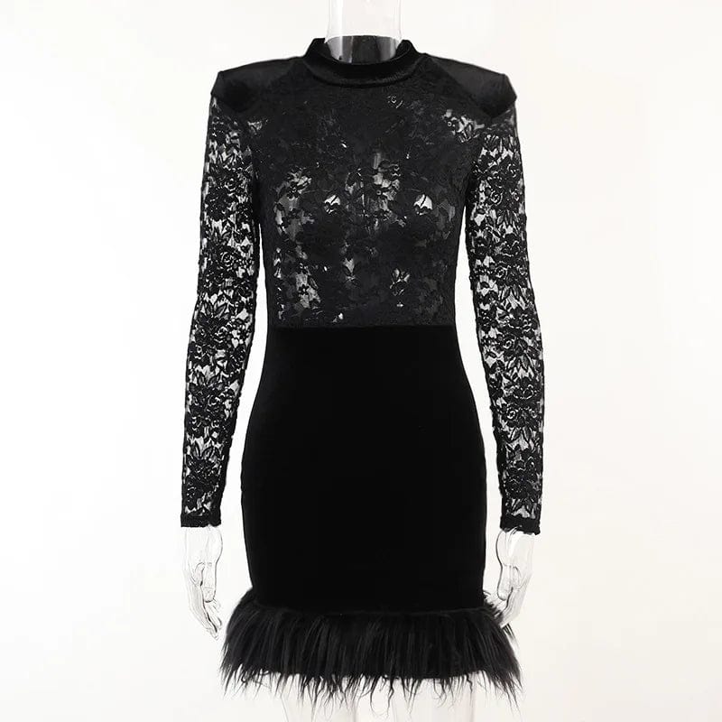 M / Black Fengway 2024 Patchwork Fur Velvet Bodycon Dress Spring Women's Clothing Nightclub Sexy Lace See Through Dress