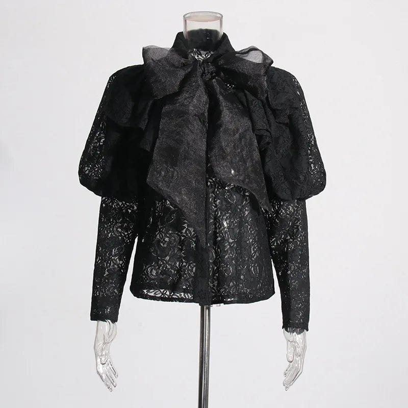 M / Black OUDINA French Lady Style Blouses With Bow 2024 Spring New Fashion Embroidered Lace Blouse Elegant Women