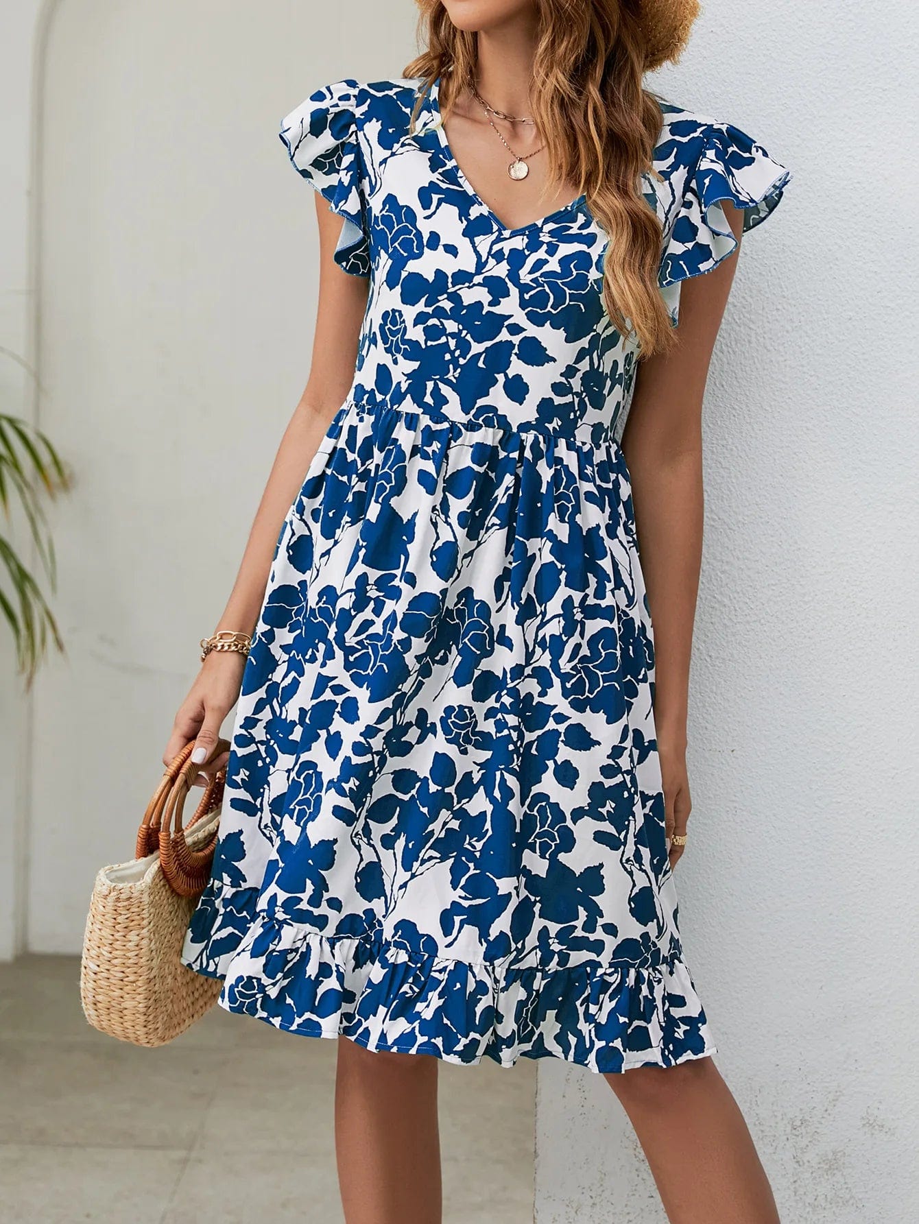 M / Blue New Women Fashion Leaf Print V-neck Short Sleeve Summer Daily Casual Holiday Midi Women Dress