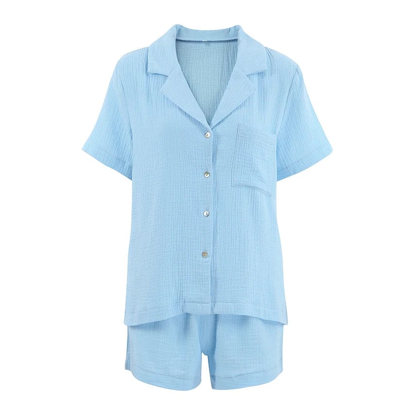 M / Blue OOTN Pocket White Button Up Tops Cotton Suits With Shorts Female Short Sleeves Set Woman 2 Pieces V-Neck Women Suits Spring