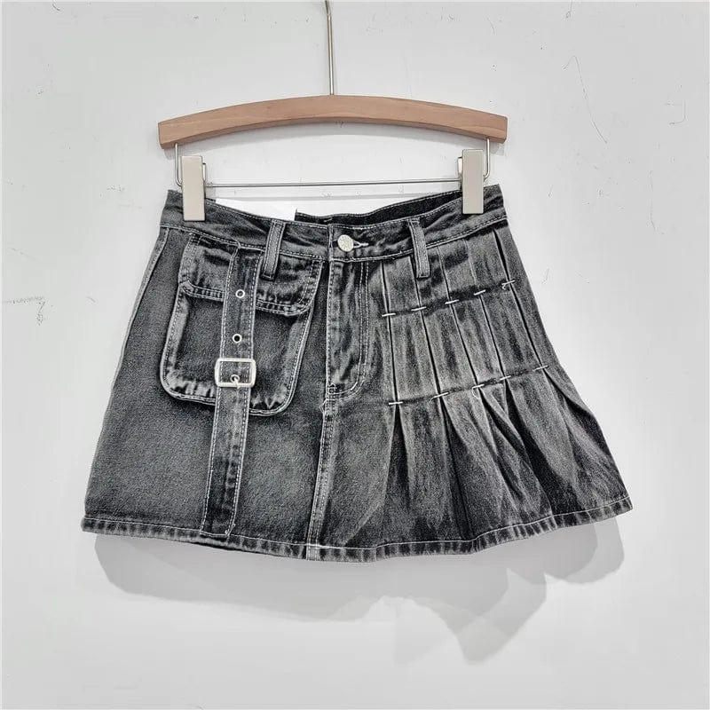 M / C320SK02 Gray Bomblook C320SK02 Designer Solid Skirt Low Waist Denim Mini Skirt With Pockets Irregular Denim Skirt Ladies Denim Pleated Skorts