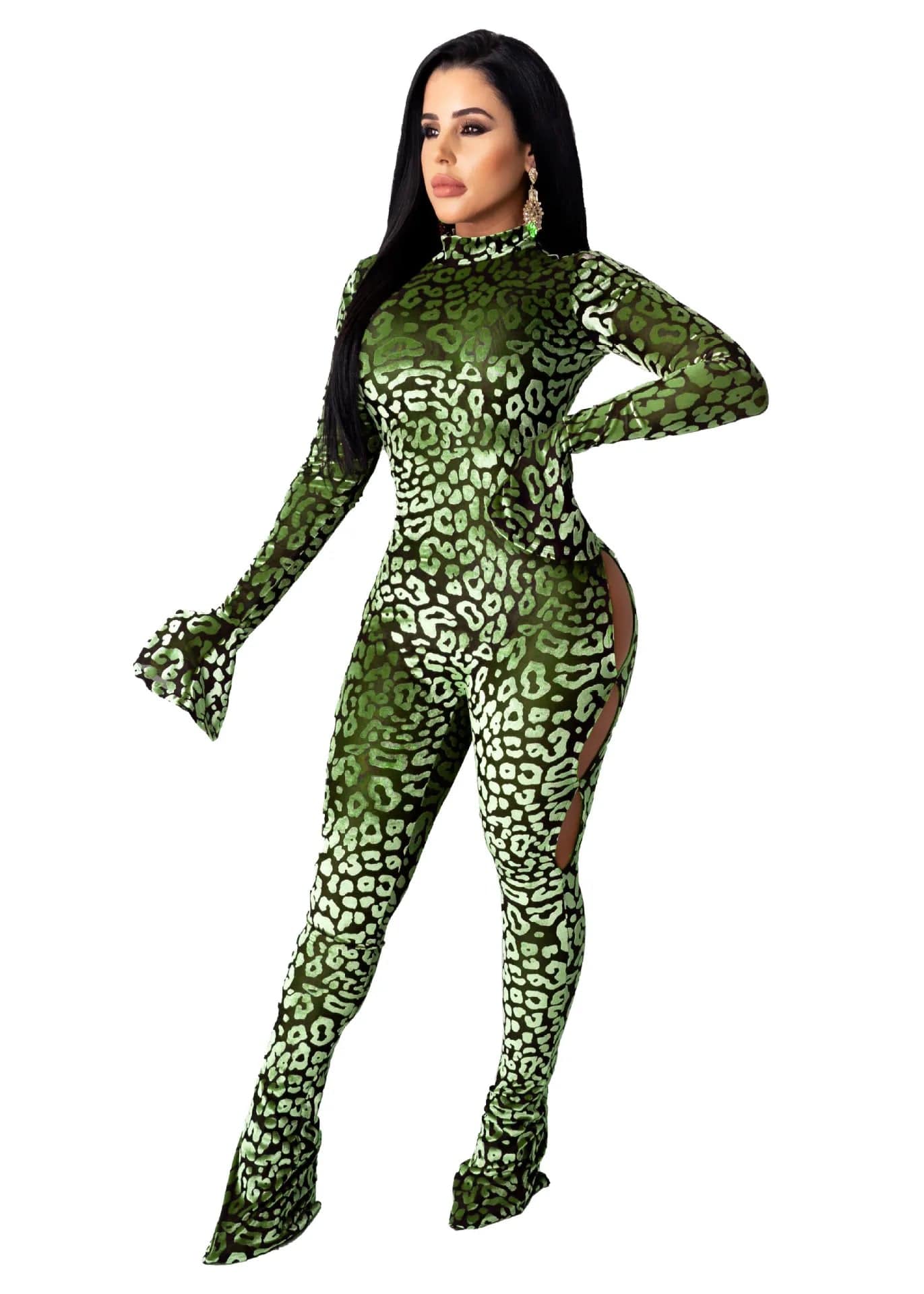 M / green Fall Women Playsuit Printing Ladies Body Suit Women Y2K Sexy Hollow out Rompers & Jumpsuits with Flare Sleeve