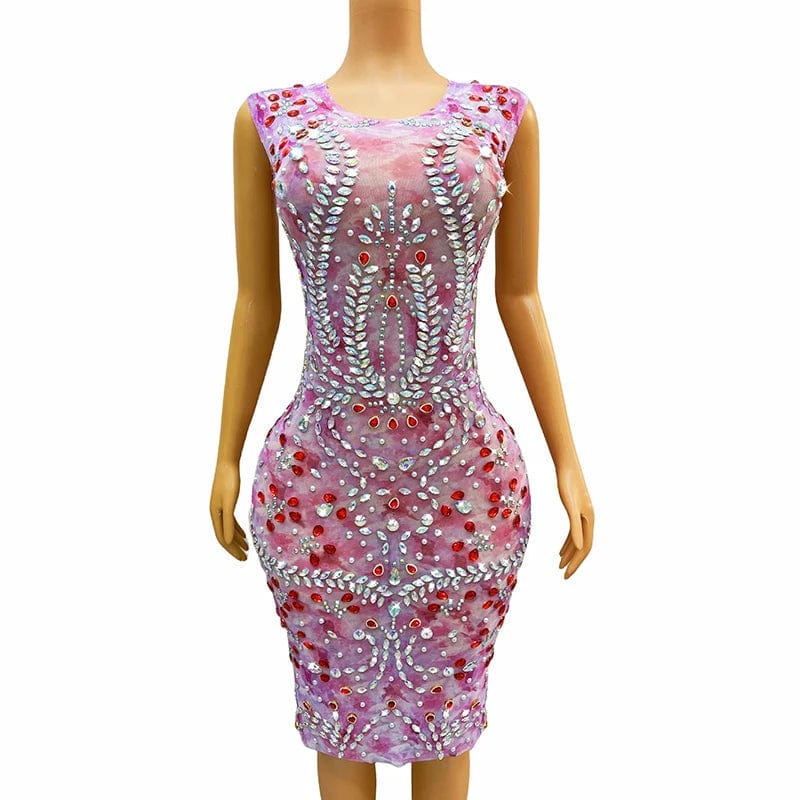 M / Pink Novance Y3828 Summer Women Apparel 2024 Zomer Sleeveless Club Dresses Sexy Women Clothing Red Diamonds Dress