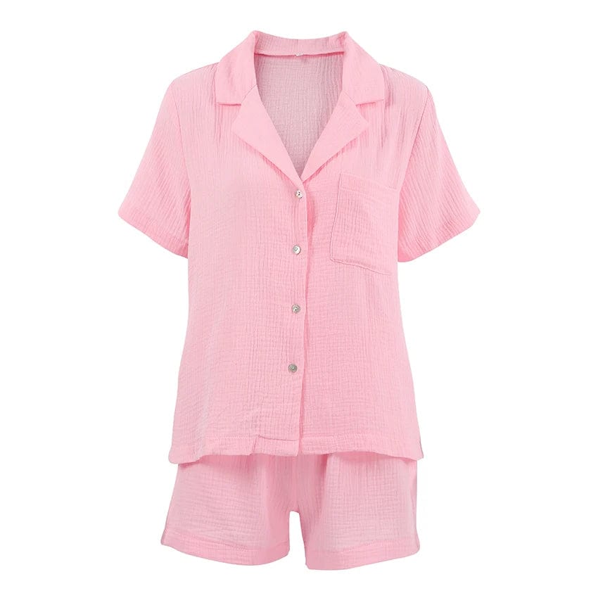 M / Pink OOTN Pocket White Button Up Tops Cotton Suits With Shorts Female Short Sleeves Set Woman 2 Pieces V-Neck Women Suits Spring