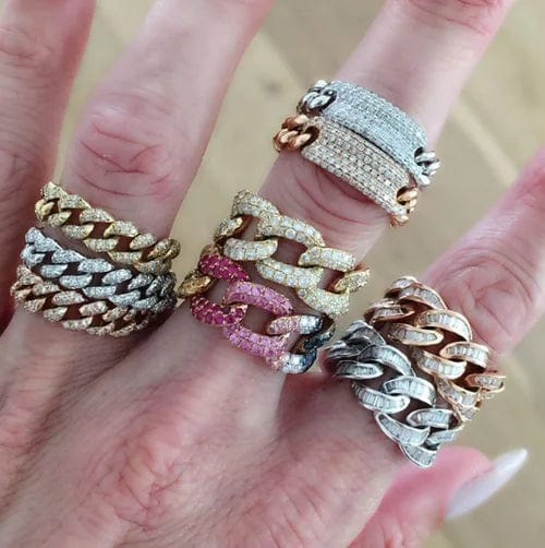 Miami cuban link chain ring iced out cz bling moving chain design hiphop Rock Women finger jewelry