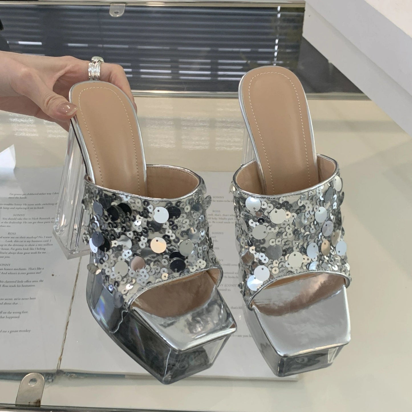 New Chinese style sandals with high heels, Crystal heel sequins, summer 2024