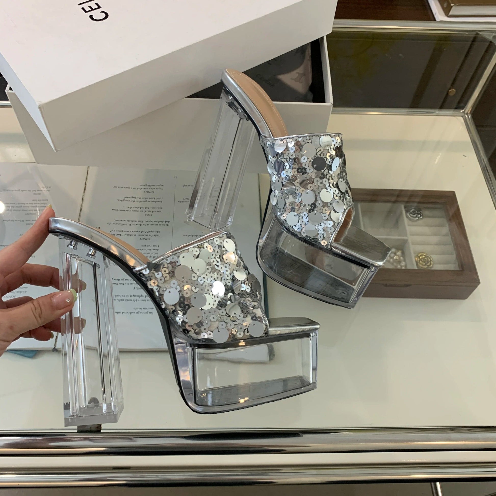 New Chinese style sandals with high heels, Crystal heel sequins, summer 2024