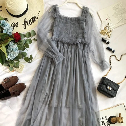 New Hot Sale Lace Mesh Dress Casual Club Party Wear High Waist Women Elegant Long Dress Sexy Spring Clothing E11069