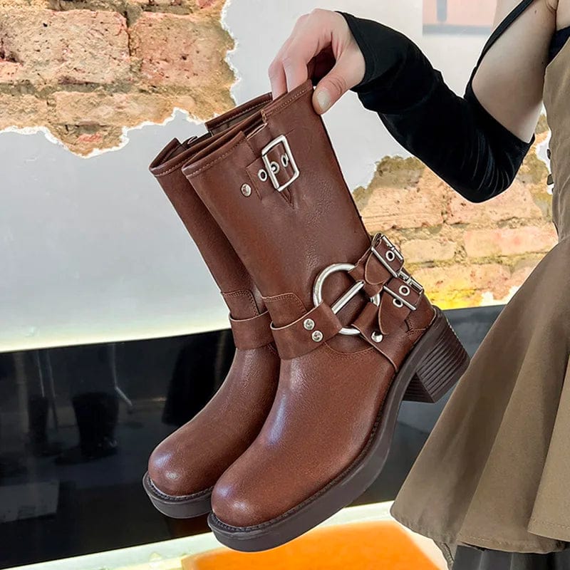 New network red thick heel sweet cool high boots square head sleeve motorcycle riding boots western cowboy boots