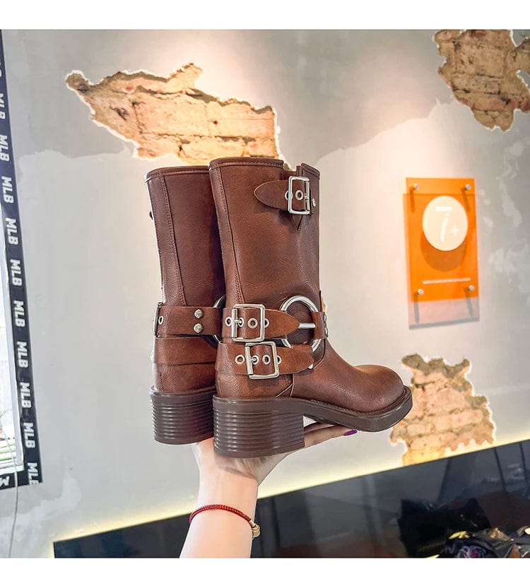 New network red thick heel sweet cool high boots square head sleeve motorcycle riding boots western cowboy boots