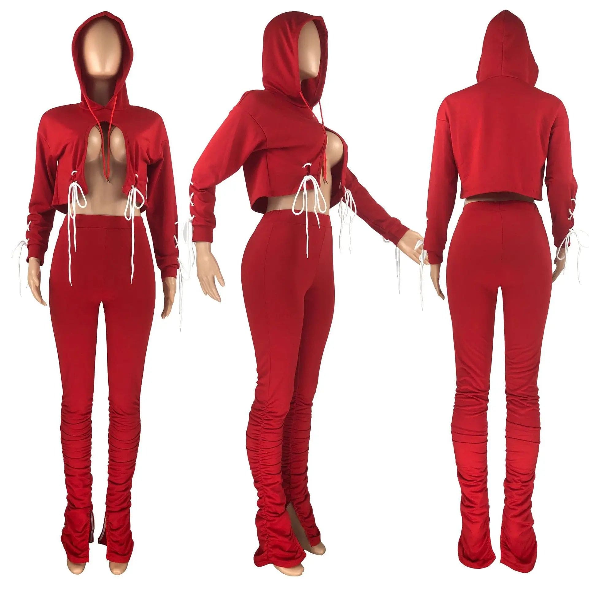 New Spring 2024 Custom Logo Women Sweatsuit Set Hooded Solid Color 2 Piece Outfit Cropped Top Sweat Pant Jogging Tracksuit