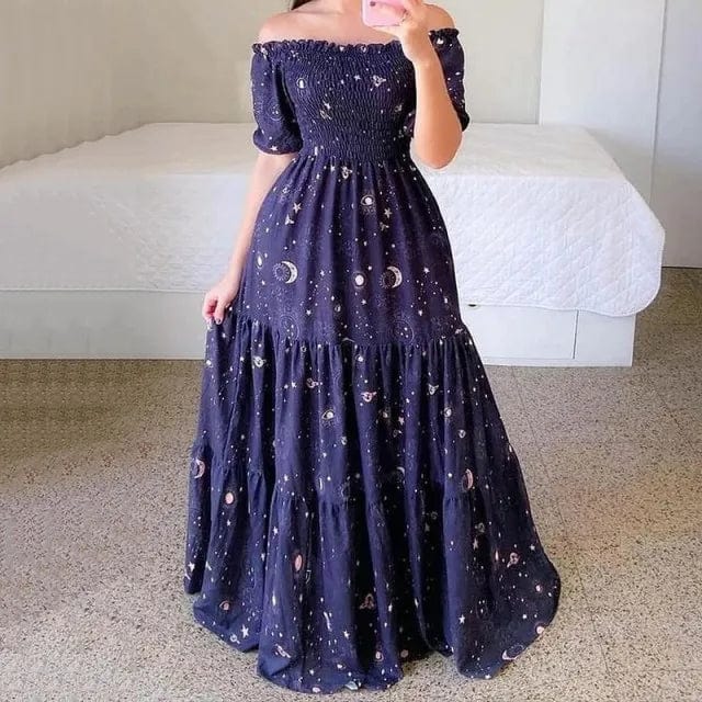 New Spring Summer Clothes Female Elegant Fashion Design Sense Off Shoulder Print Long Dress 2024