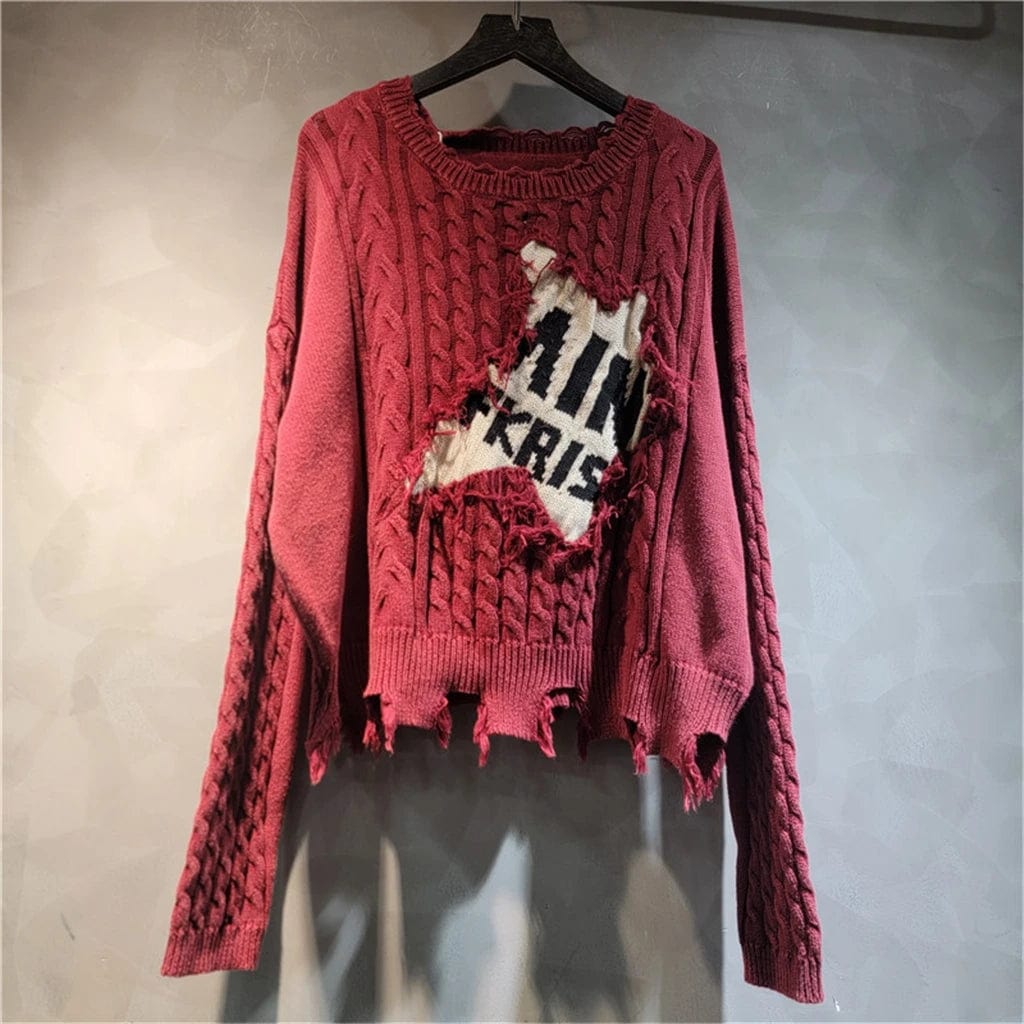 New Streetwear Unique Fashion Lady Casual Pullover Color Block Letter Fall Winter Warm Ripped Knitted Sweater Women'S Sweaters