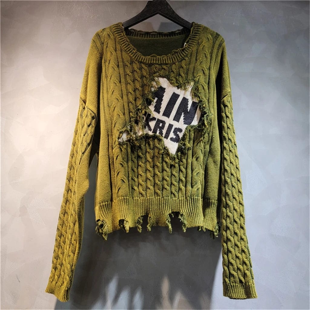 New Streetwear Unique Fashion Lady Casual Pullover Color Block Letter Fall Winter Warm Ripped Knitted Sweater Women'S Sweaters