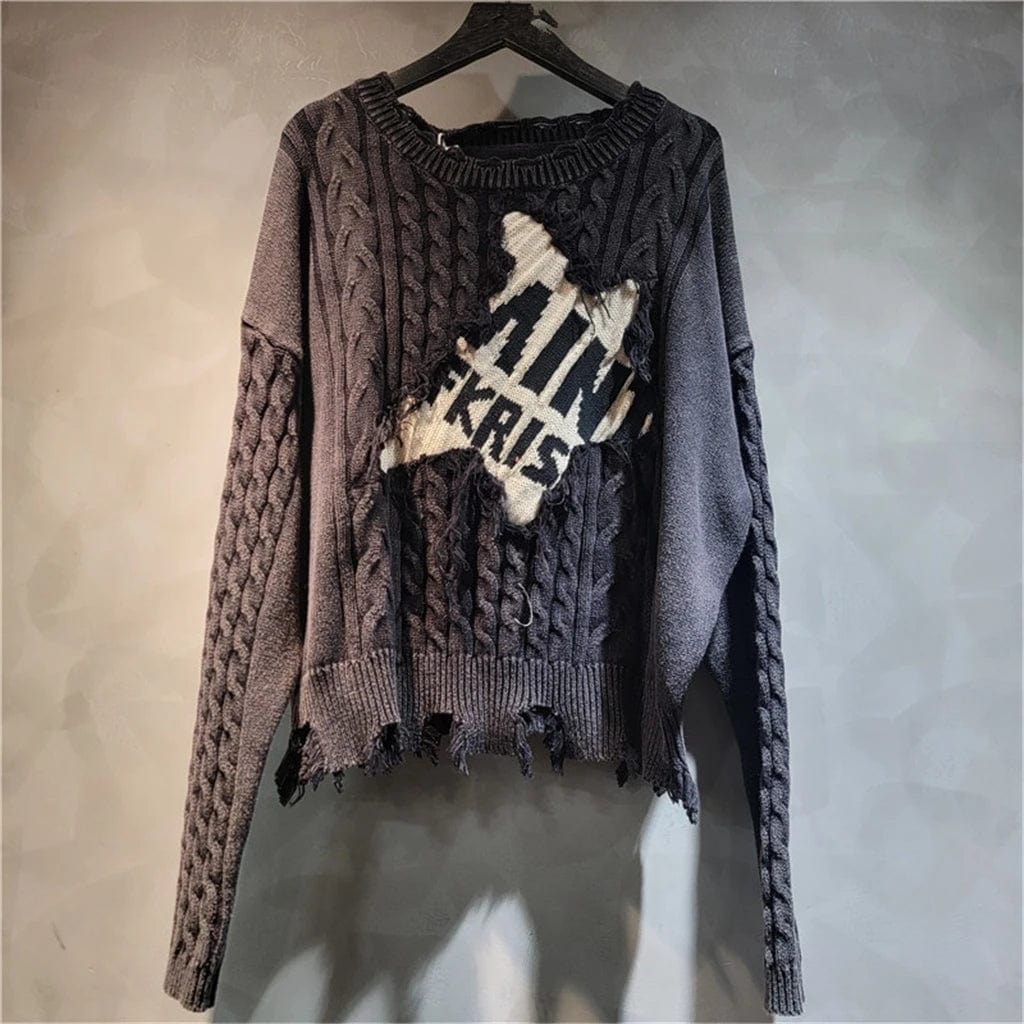 New Streetwear Unique Fashion Lady Casual Pullover Color Block Letter Fall Winter Warm Ripped Knitted Sweater Women'S Sweaters