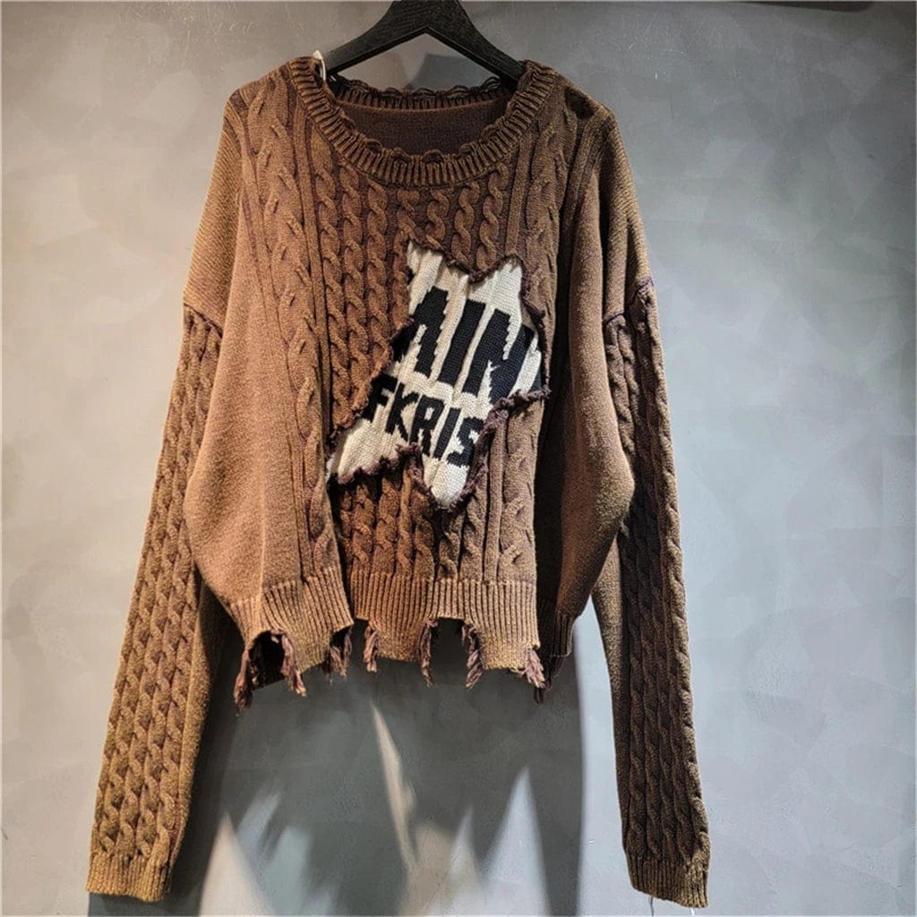 New Streetwear Unique Fashion Lady Casual Pullover Color Block Letter Fall Winter Warm Ripped Knitted Sweater Women'S Sweaters