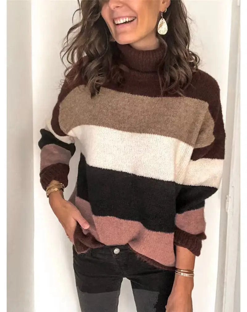 New Thick Winter High-Neck Stitched Plus Size Lady Striped Sweater Woman Knitwear Clothing