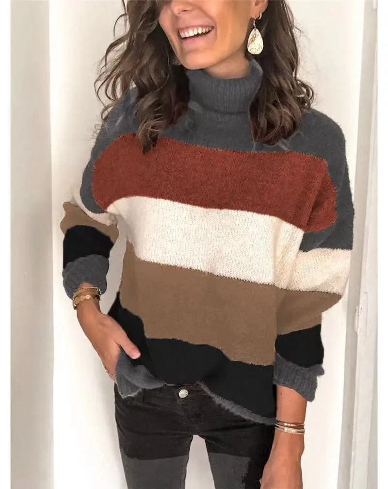 New Thick Winter High-Neck Stitched Plus Size Lady Striped Sweater Woman Knitwear Clothing