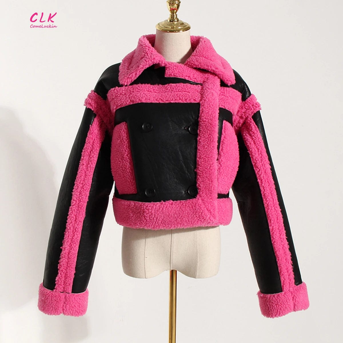 New Wholesale Autumn Winter Fashion Street Coat Women's High Quality Pink Contrast Color Imitation Fur Jacket For Women