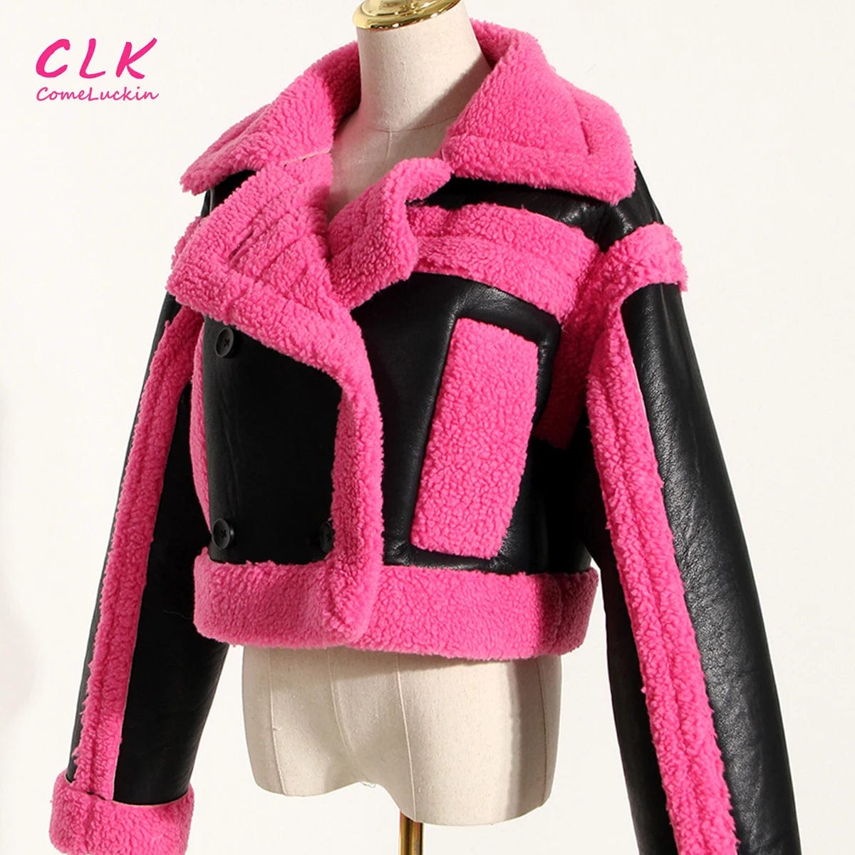 New Wholesale Autumn Winter Fashion Street Coat Women's High Quality Pink Contrast Color Imitation Fur Jacket For Women