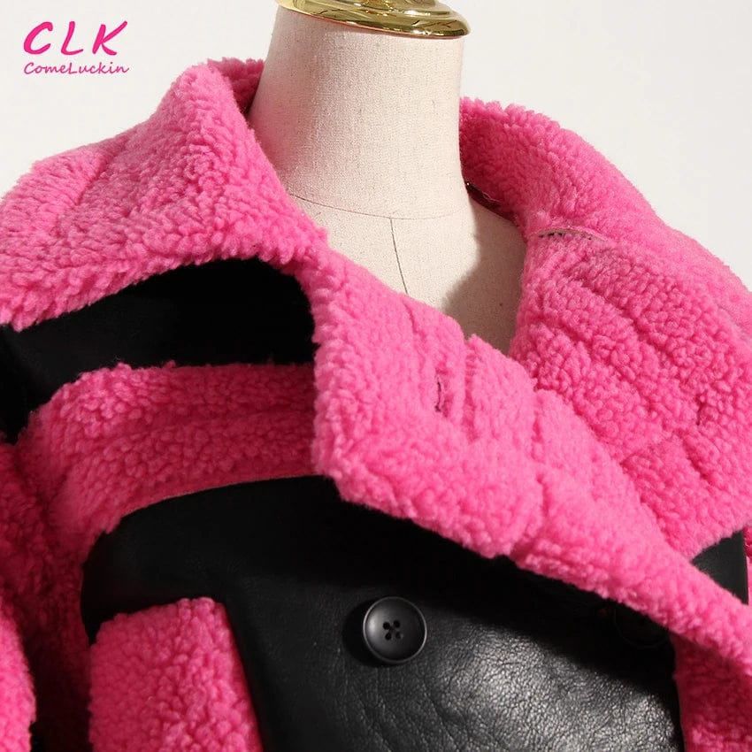 New Wholesale Autumn Winter Fashion Street Coat Women's High Quality Pink Contrast Color Imitation Fur Jacket For Women