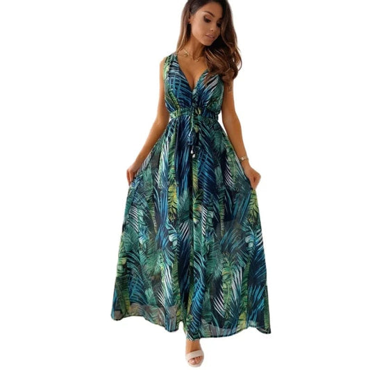 new woman clothes large size  v-neck floral ladies evening dresses all-match dress new printed backless strap casual clothing