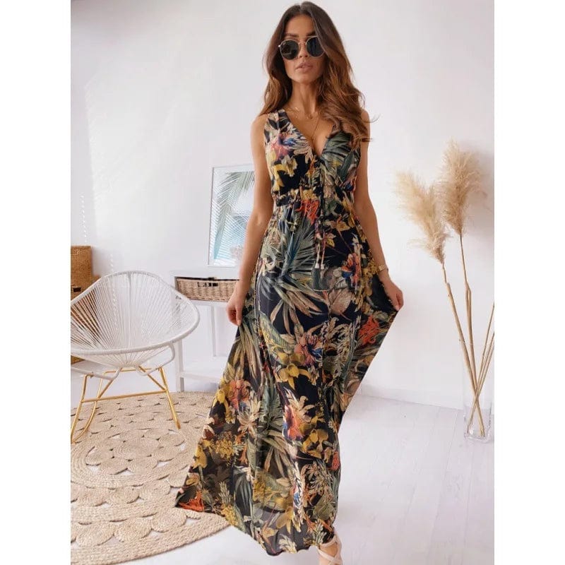 new woman clothes large size  v-neck floral ladies evening dresses all-match dress new printed backless strap casual clothing