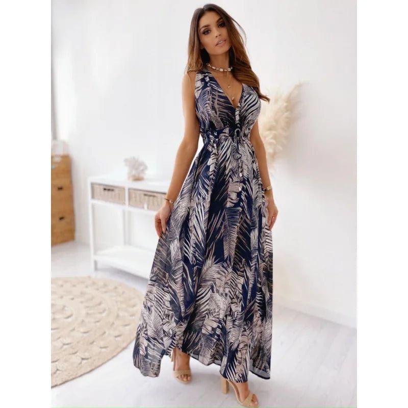 new woman clothes large size  v-neck floral ladies evening dresses all-match dress new printed backless strap casual clothing