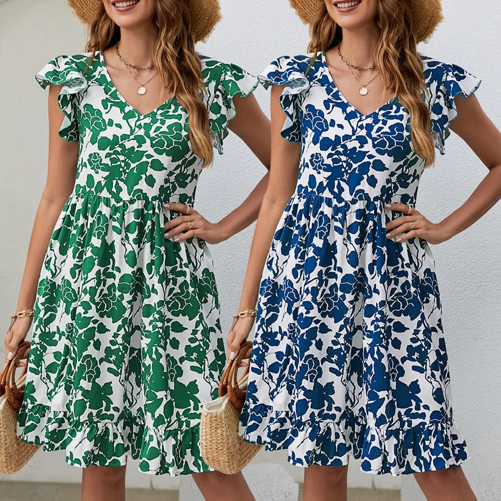 New Women Fashion Leaf Print V-neck Short Sleeve Summer Daily Casual Holiday Midi Women Dress