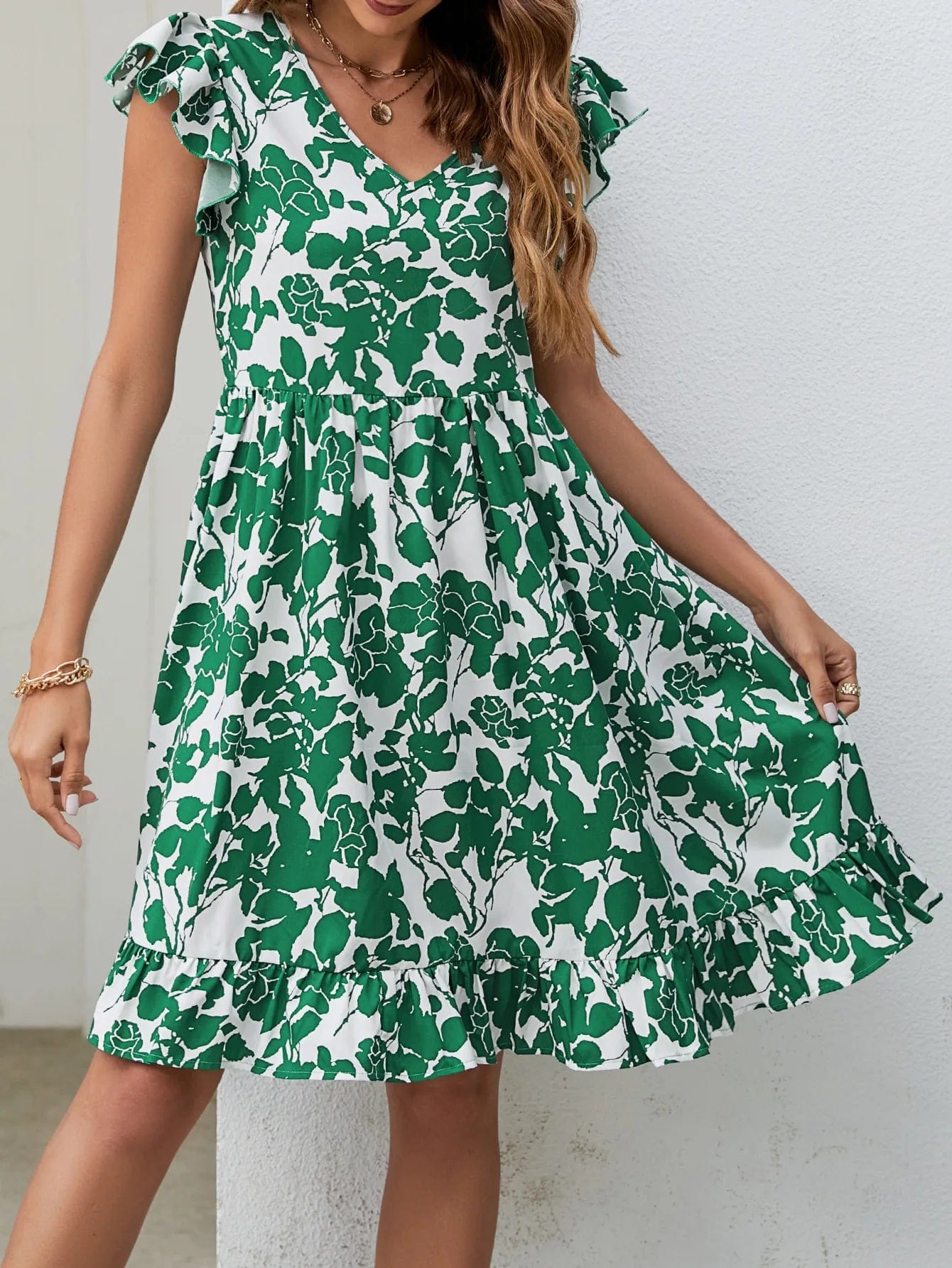 New Women Fashion Leaf Print V-neck Short Sleeve Summer Daily Casual Holiday Midi Women Dress