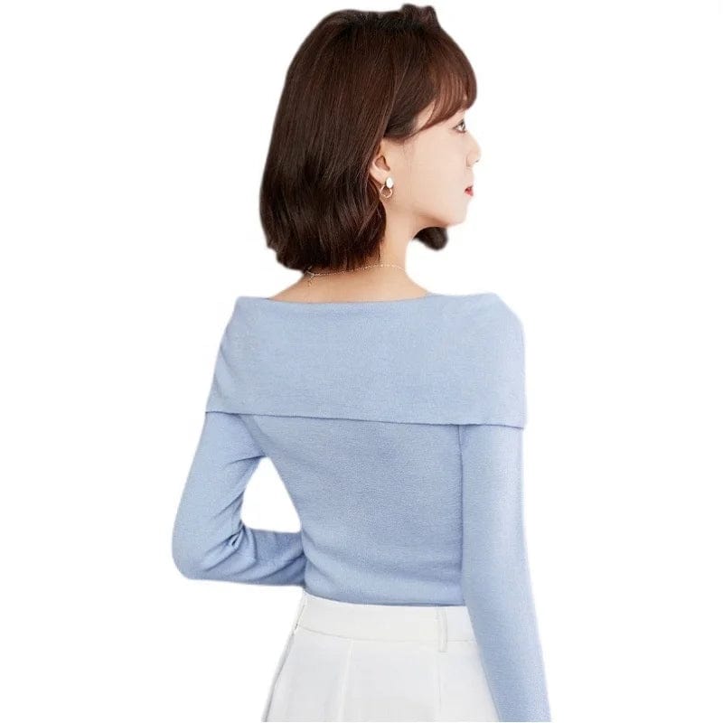 New Women's Clothing 2024 Early Autumn Counter Genuine Elegant Young Age-Reducing Off-Neck Wool Sweater