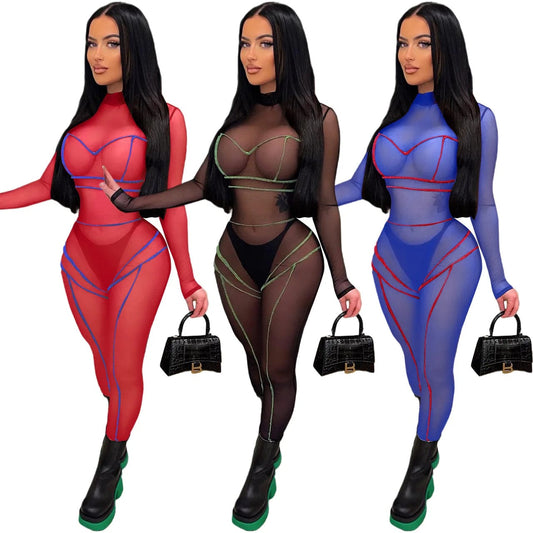 Nightclub Wear Tight Mesh Bodysuit Sheer Red One Piece Ladies Spring See Through Bodycon Long Sleeve Sexy Jumpsuit for Women