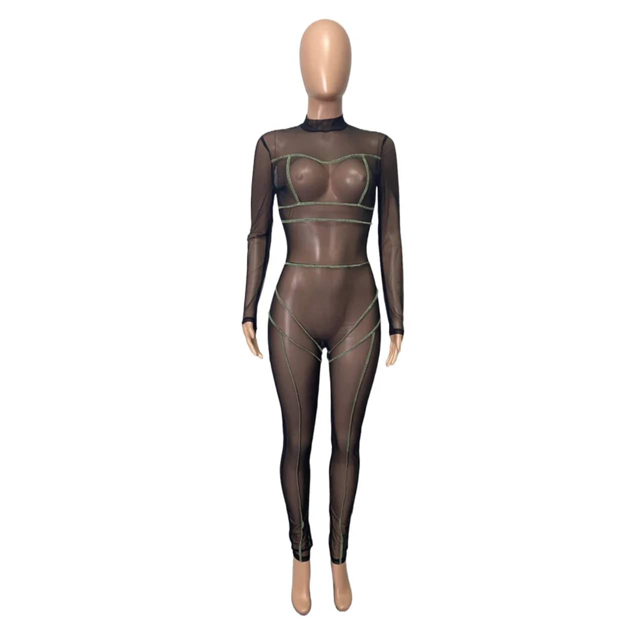 Nightclub Wear Tight Mesh Bodysuit Sheer Red One Piece Ladies Spring See Through Bodycon Long Sleeve Sexy Jumpsuit for Women